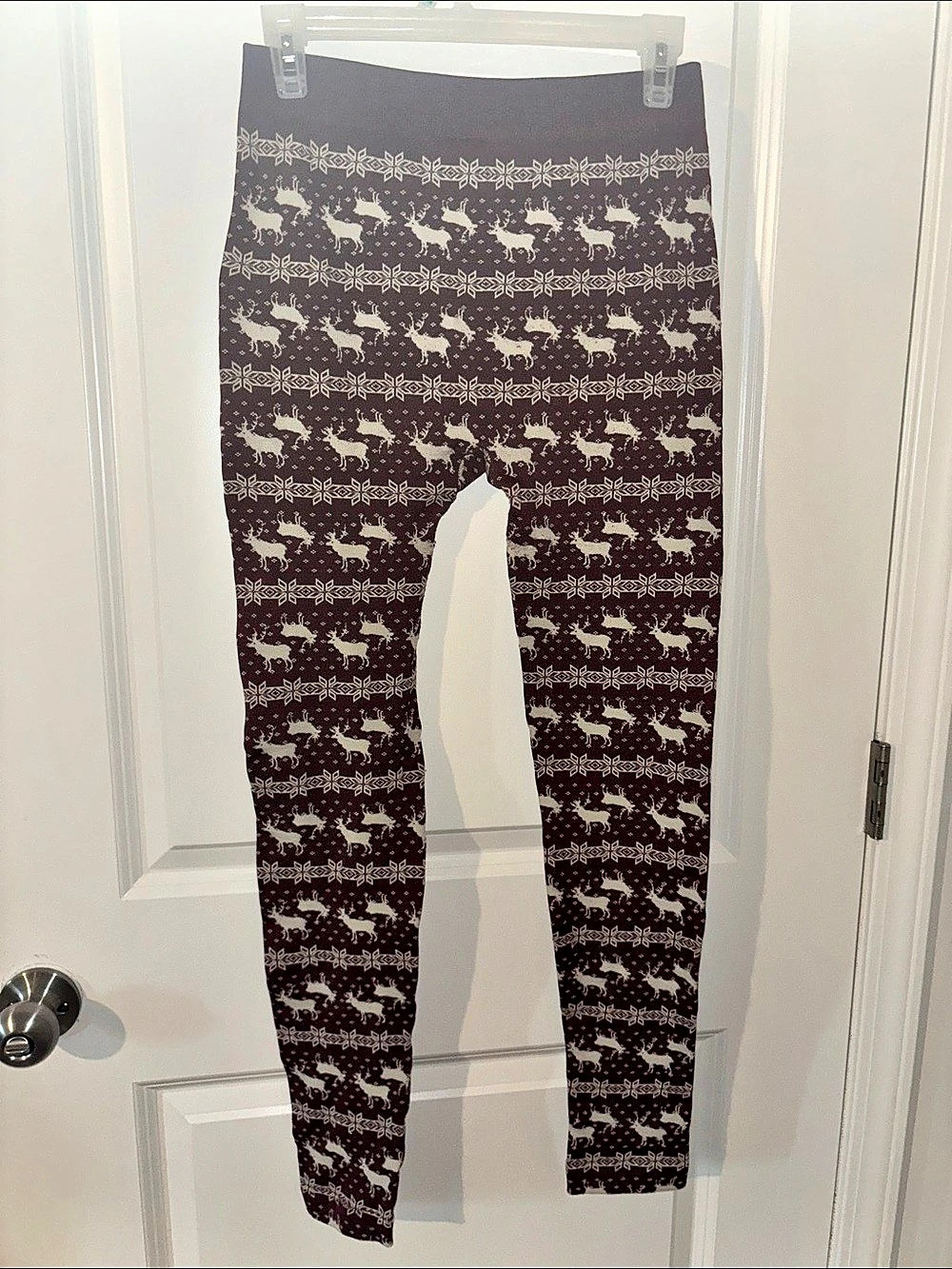 Pink Rose Patterned Leggings in Brown & White Size Large Like New - Picture 2 of 3